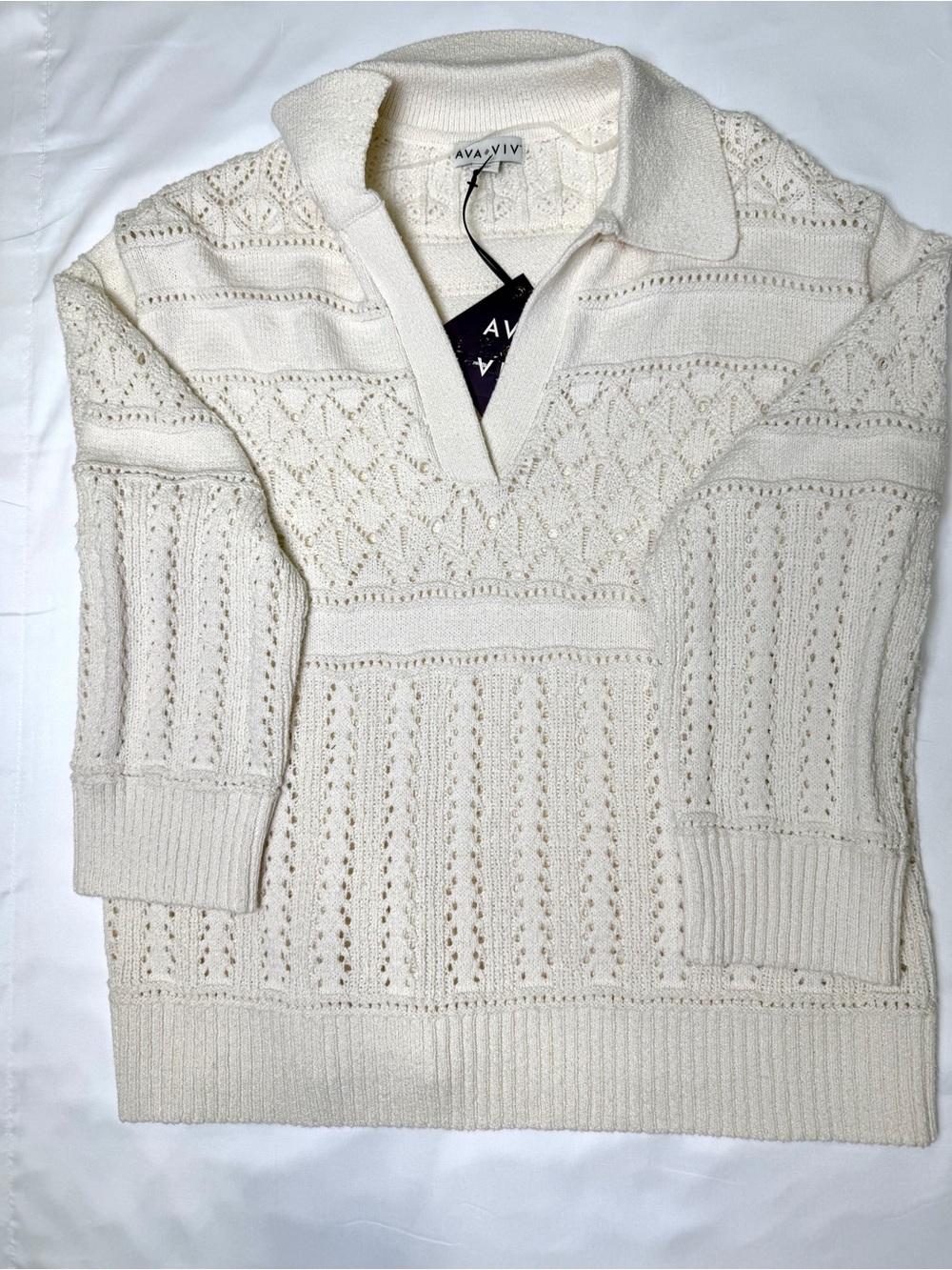 Ava & Viv Cream Open-Knit Polo Sweater for Women 1X